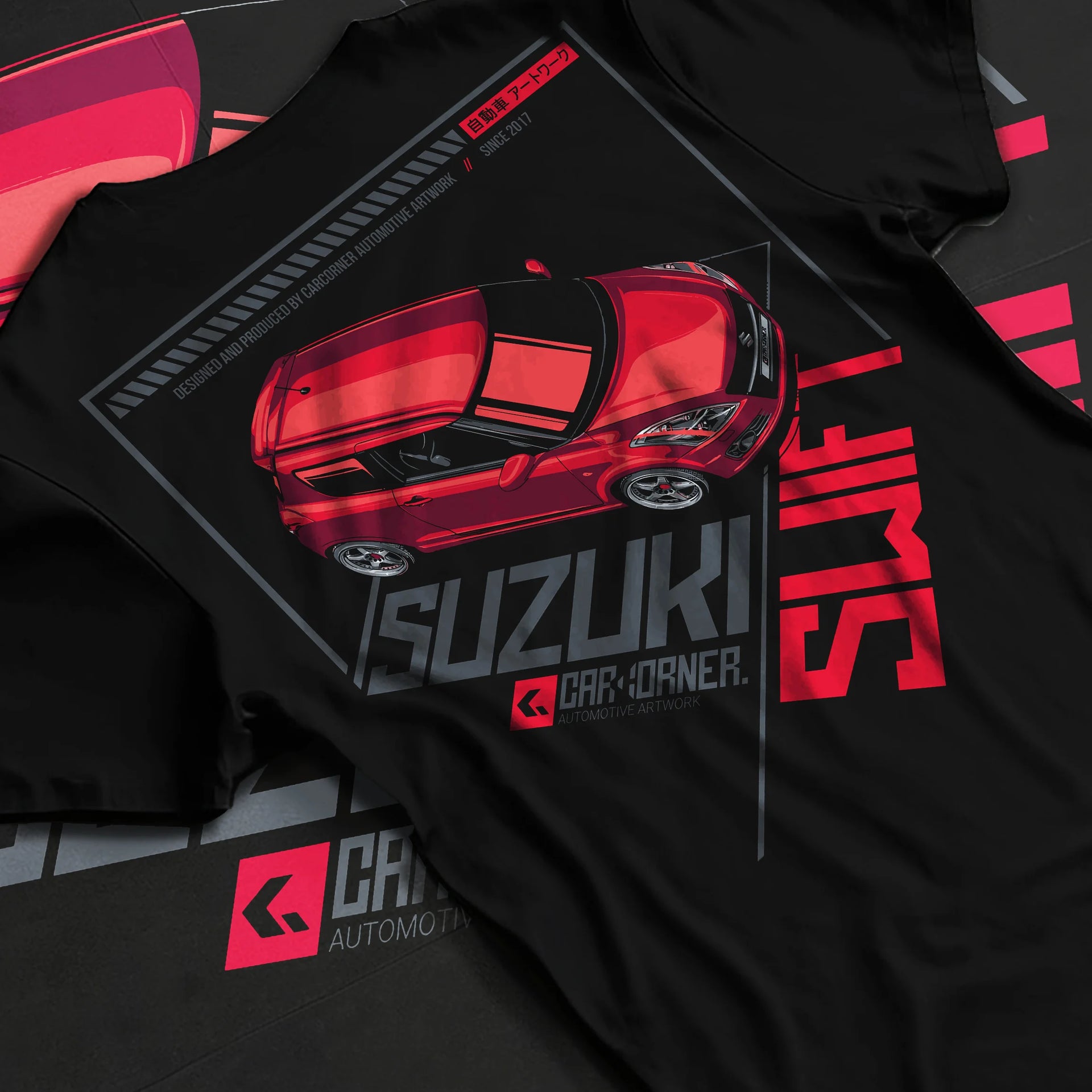 Black T-shirt laid flat with natural fabric folds, featuring Suzuki SWIFT turbo turbocharged racing jdm japanese tuner graphic.