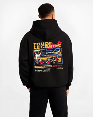 Black hoodie worn by a male model, back view, featuring RX7 ls racing drift jdm street legend performance graphic.