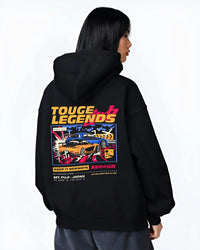 Black hoodie worn by a female model, back view, featuring RX7 ls racing drift jdm street legend performance graphic.