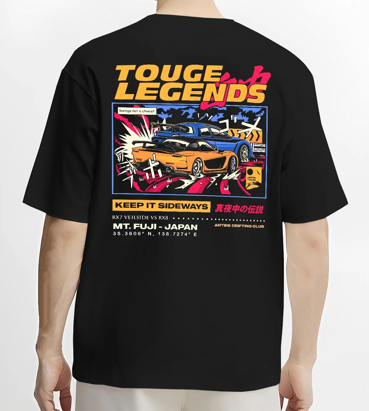 Black T-shirt worn by a male model, back view, featuring RX7 ls racing drift jdm street legend performance graphic.