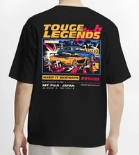 Black T-shirt worn by a male model, back view, featuring RX7 ls racing drift jdm street legend performance graphic.