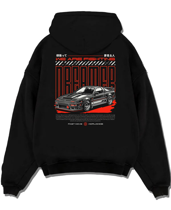 Black pullover hoodie laid flat on a white background, featuring Toyota CELICA turbo turbocharged racing rally jdm tuner graphic.