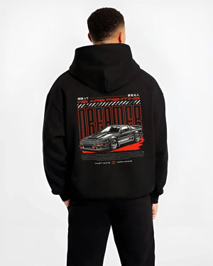Black hoodie worn by a male model, back view, featuring Toyota CELICA turbo turbocharged racing rally jdm tuner street graphic.