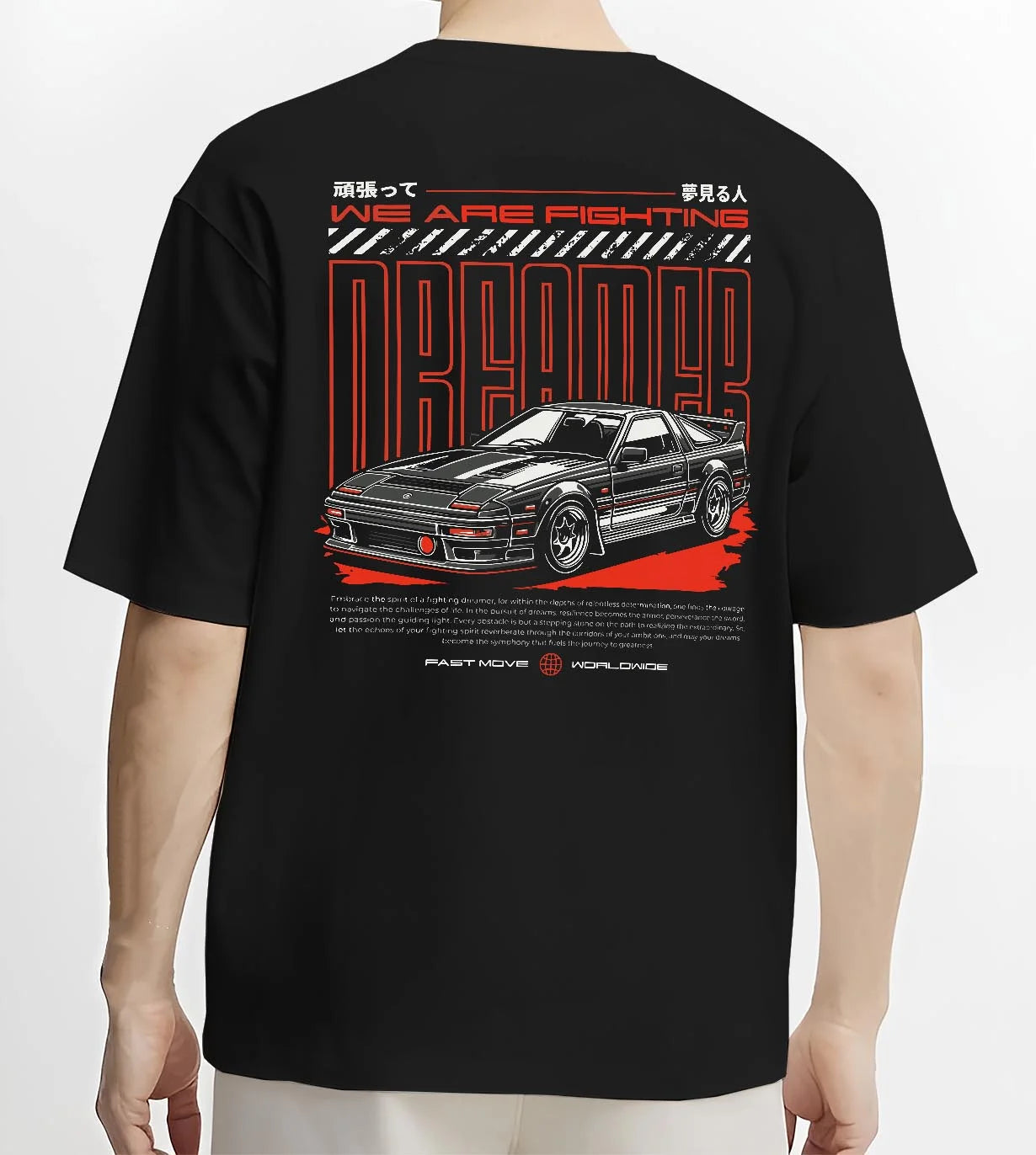 Black T-shirt worn by a male model, back view, featuring Toyota CELICA turbo turbocharged racing rally jdm tuner street graphic.