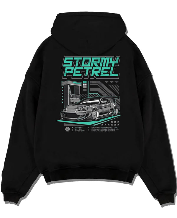 Black pullover hoodie laid flat on a white background, featuring Toyota racing drift jdm tuner stance widebody street graphic.