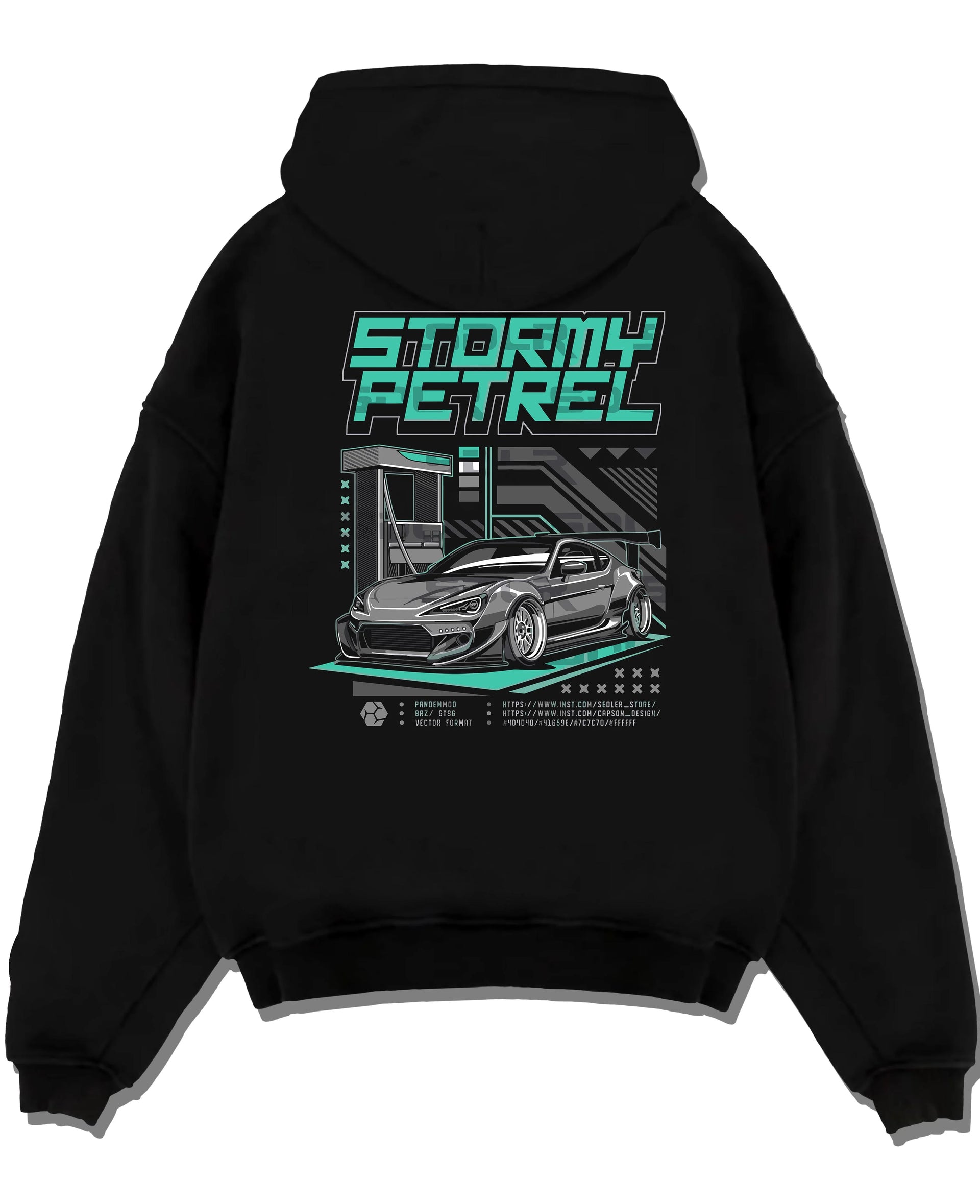 Black pullover hoodie laid flat on a white background, featuring Toyota racing drift jdm tuner stance widebody street graphic.