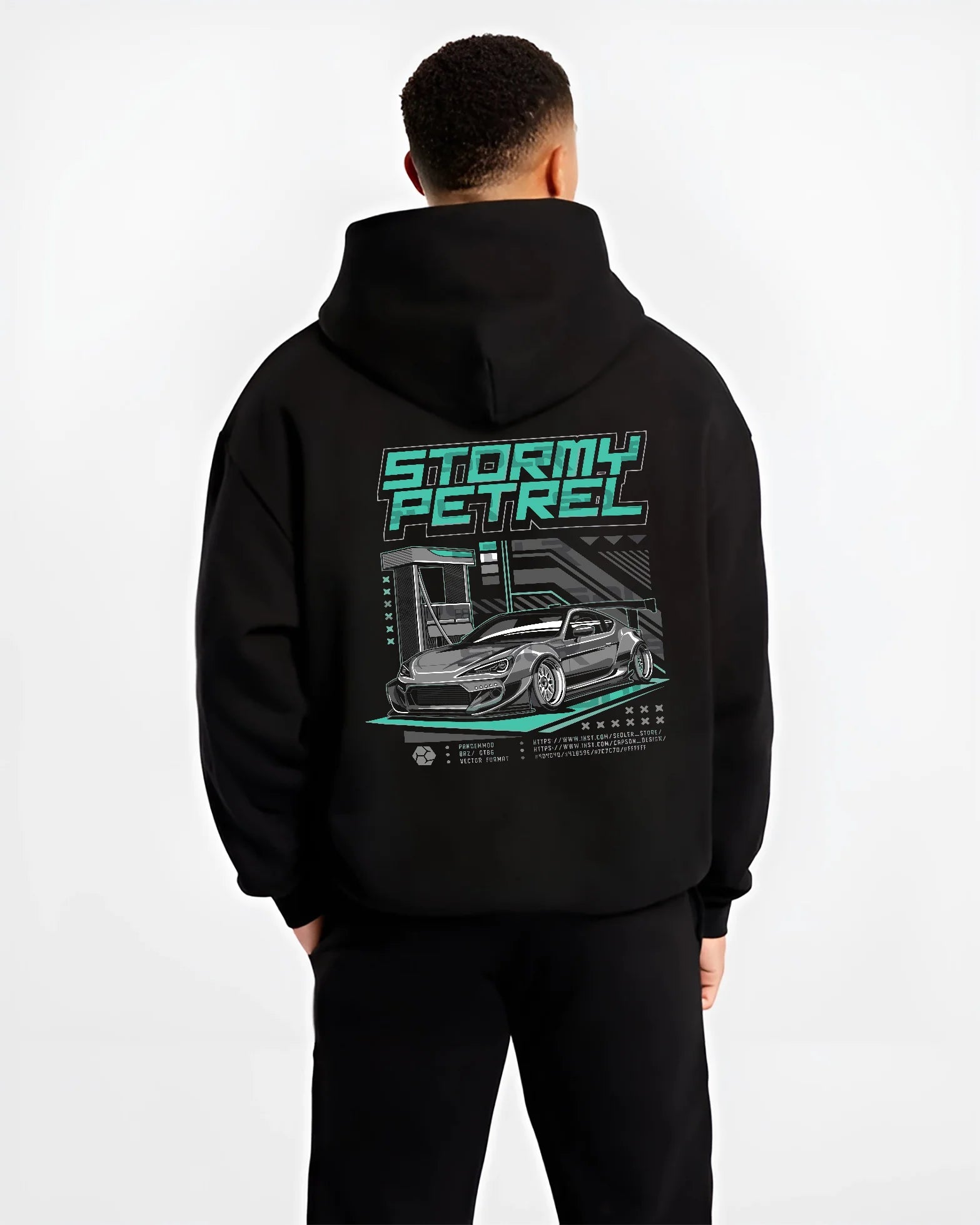 Black hoodie worn by a male model, back view, featuring Toyota racing drift jdm tuner stance widebody street graphic.