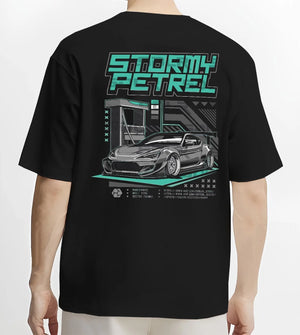 Black T-shirt worn by a male model, back view, featuring Toyota racing drift jdm tuner stance widebody street graphic.