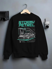 Black crewneck sweatshirt on a hanger against a grey wall, featuring Toyota racing drift jdm tuner stance widebody street graphic.
