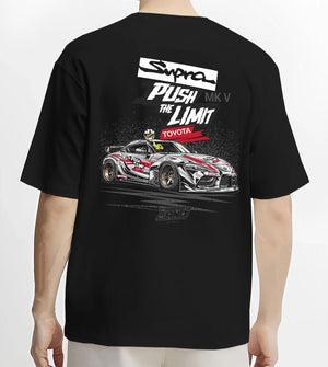 Black T-shirt worn by a male model, back view, featuring Toyota Supra MK4 supra turbo turbocharged racing drift jdm tuner graphic.