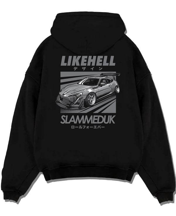 Black pullover hoodie laid flat on a white background, featuring Toyota 86 drift slammed street racing performance graphic.