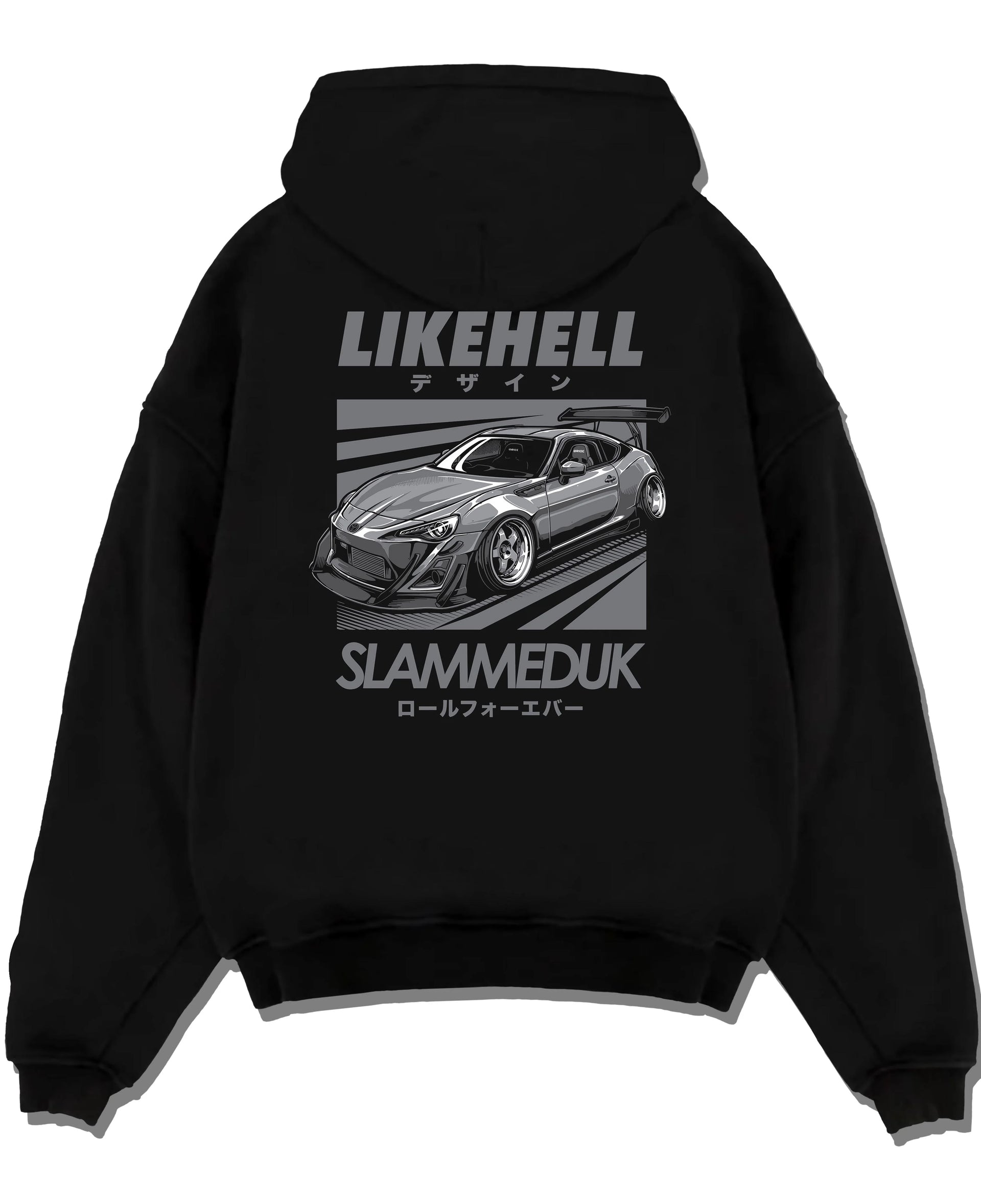 Black pullover hoodie laid flat on a white background, featuring Toyota 86 drift slammed street racing performance graphic.