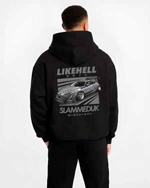 Black hoodie worn by a male model, back view, featuring Toyota 86 drift slammed street racing performance motorsport graphic.