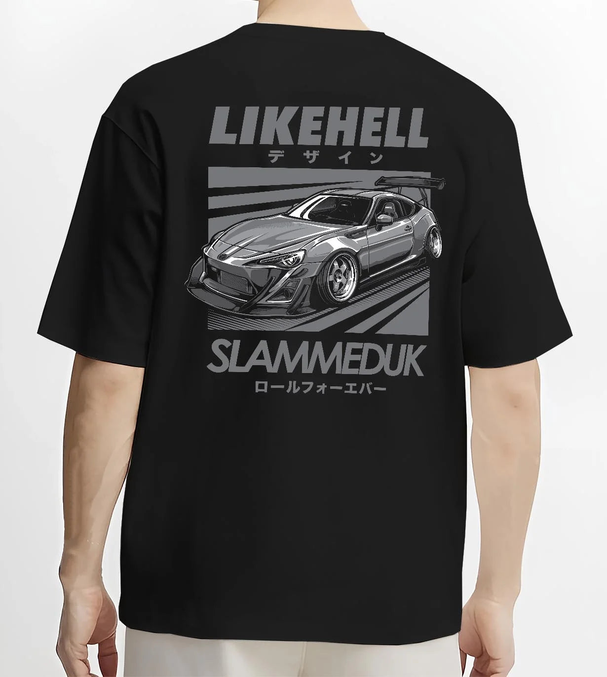 Black T-shirt worn by a male model, back view, featuring Toyota 86 drift slammed street racing performance motorsport graphic.