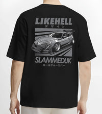 Black T-shirt worn by a male model, back view, featuring Toyota 86 drift slammed street racing performance motorsport graphic.