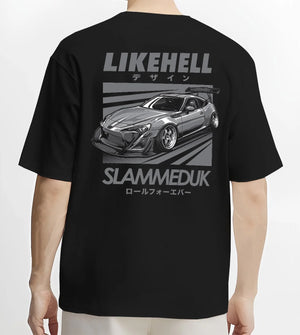 Black T-shirt worn by a male model, back view, featuring Toyota 86 drift slammed street racing performance motorsport graphic.