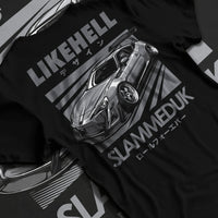 Black T-shirt laid flat with natural fabric folds, featuring Toyota 86 drift slammed street racing performance motorsport graphic.