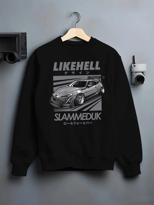 Black crewneck sweatshirt on a hanger against a grey wall, featuring Toyota 86 drift slammed street racing performance graphic.
