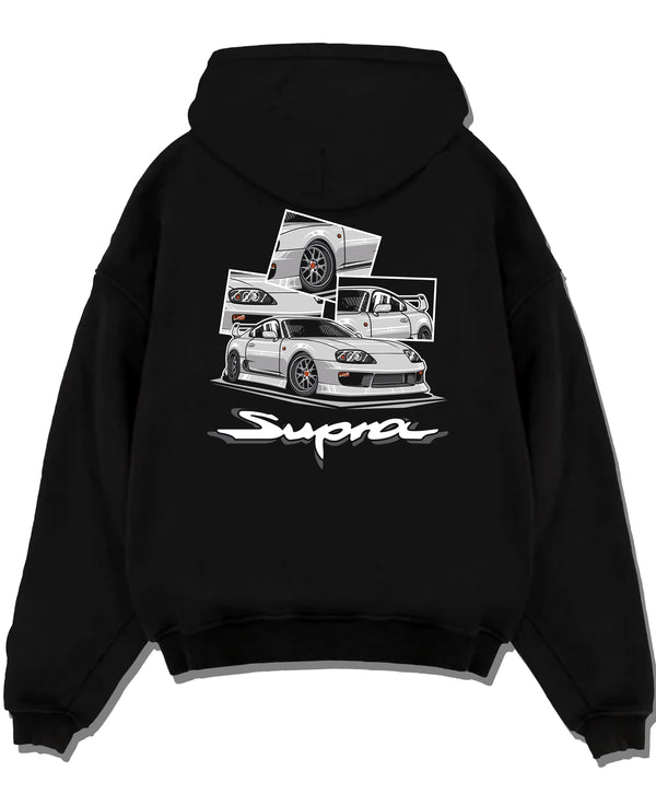 Black pullover hoodie laid flat on a white background, featuring Toyota Supra turbo turbocharged jdm street classic racing graphic.
