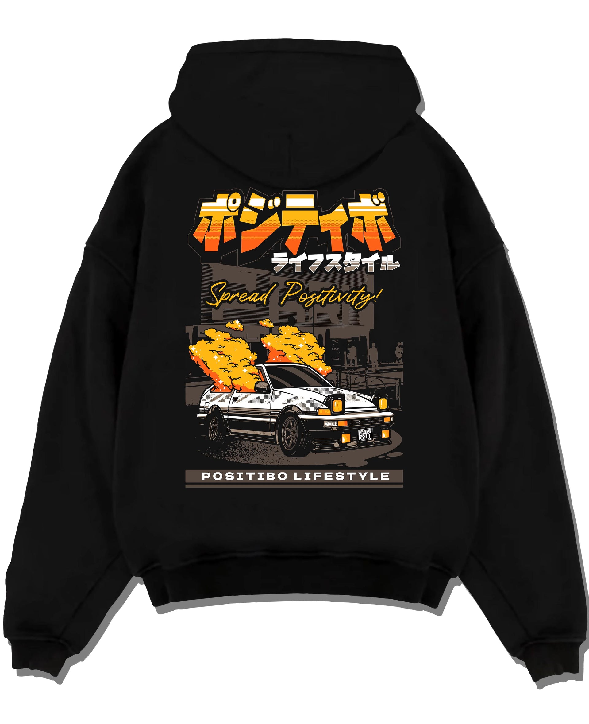 Black pullover hoodie laid flat on a white background, featuring Toyota AE86 drift jdm racing street performance motorsport graphic.