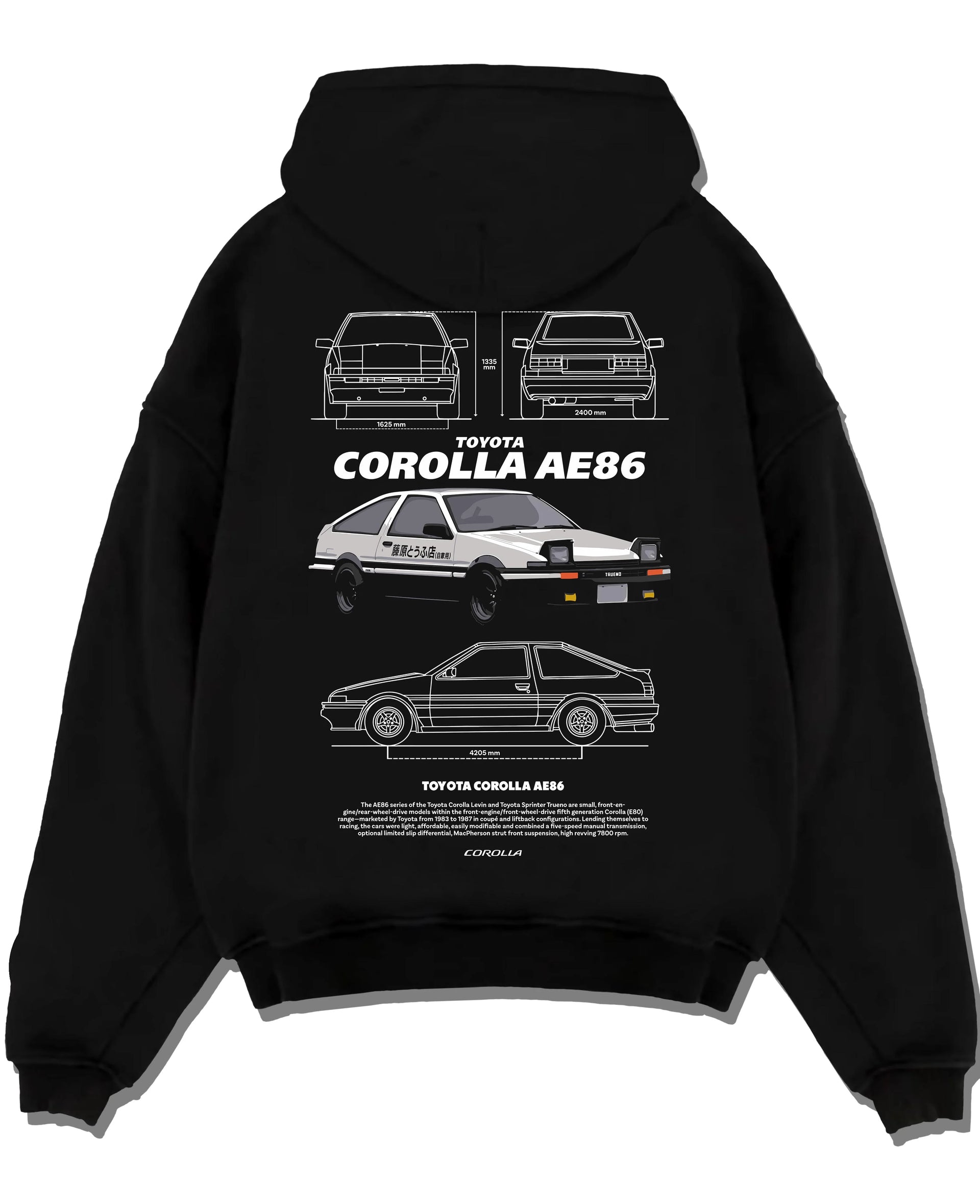 Black pullover hoodie laid flat on a white background, featuring Toyota AE86 drift legend racing street performance graphic.
