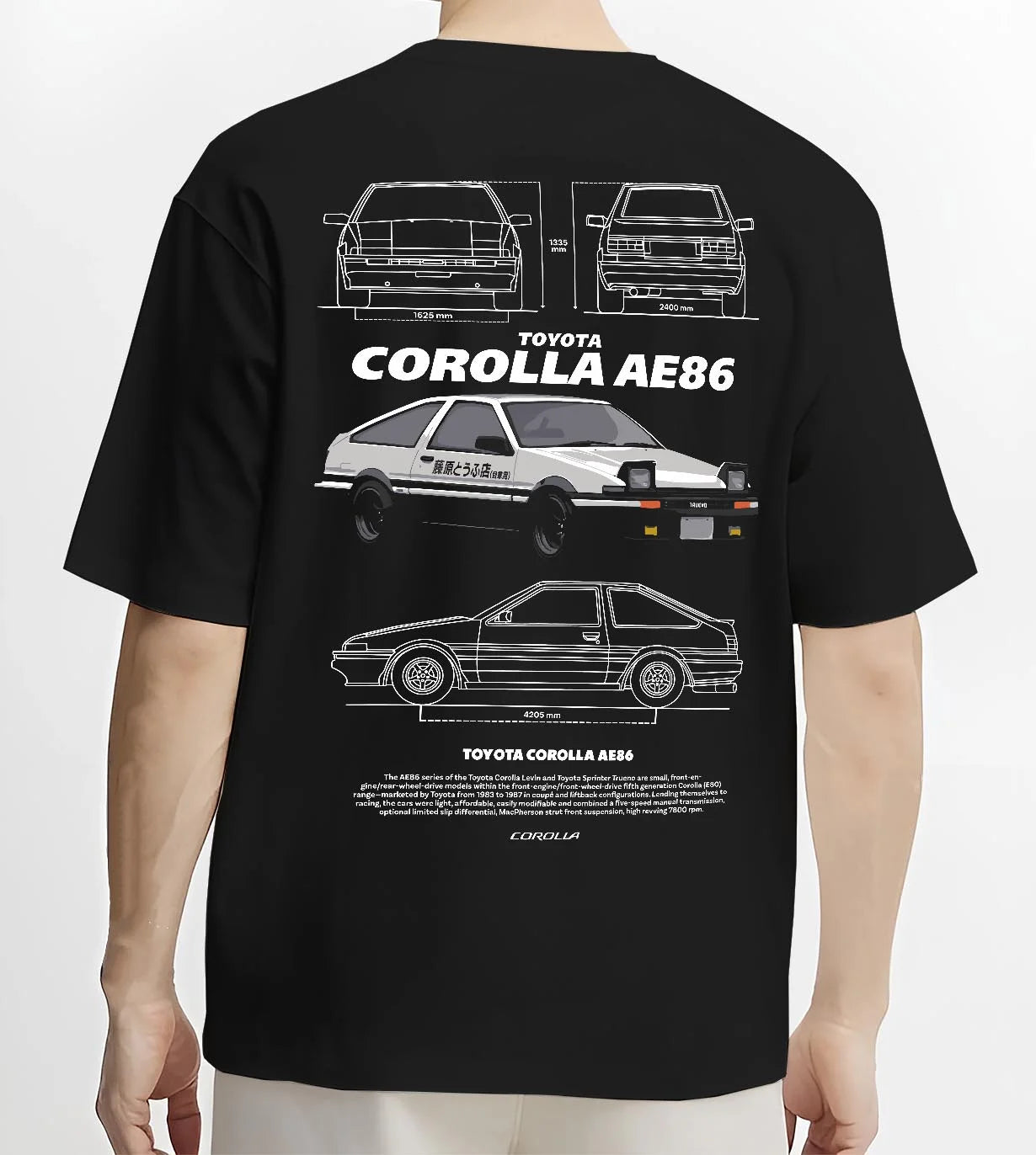 Black T-shirt worn by a male model, back view, featuring Toyota AE86 drift legend racing street performance motorsport graphic.