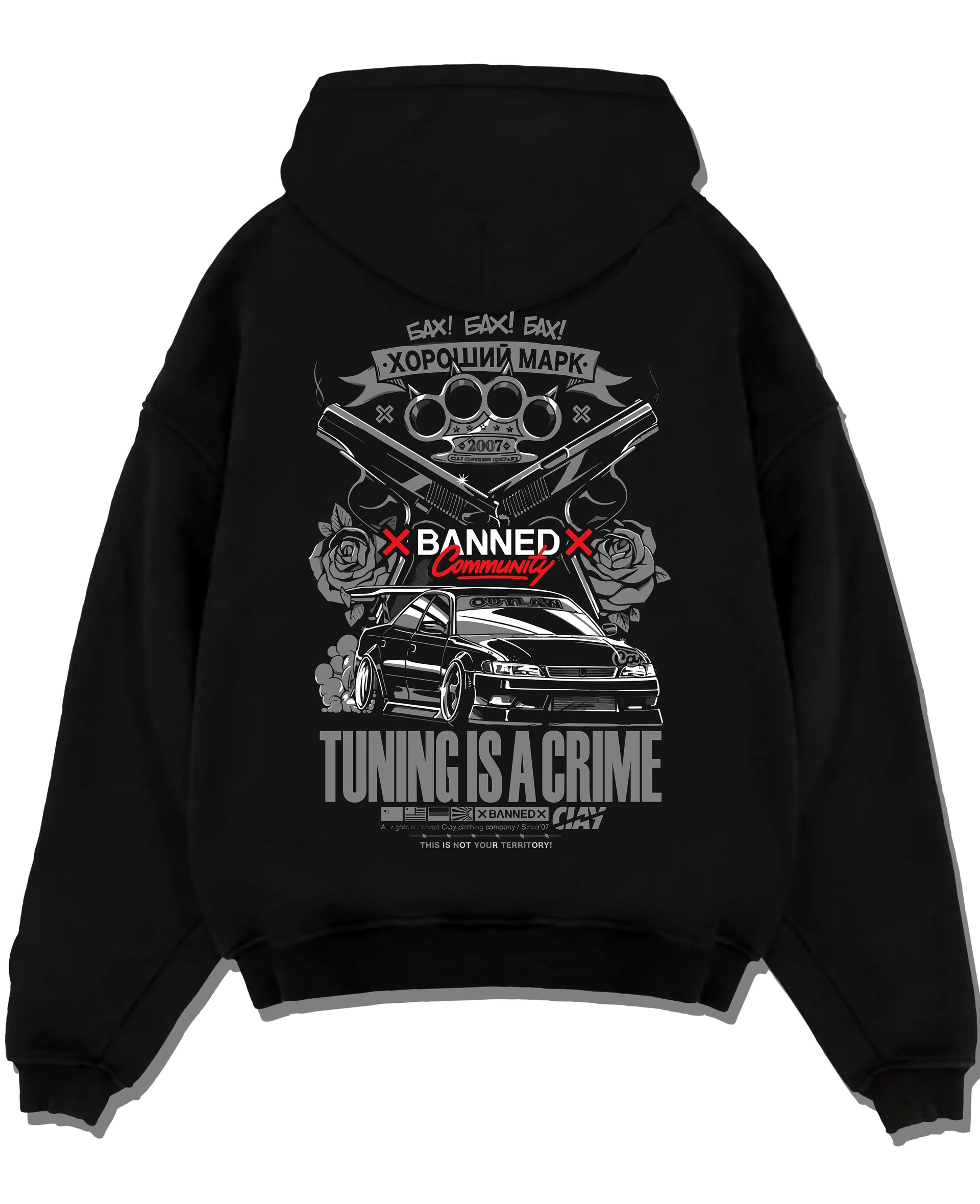 Black pullover hoodie laid flat on a white background, featuring Toyota Supra JZA80 supra turbo racing drift jdm stance graphic.