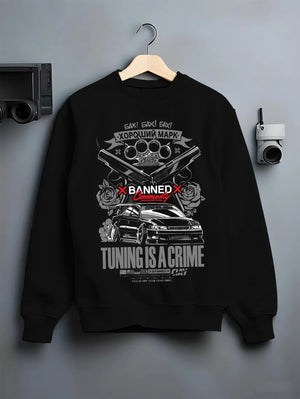 Black crewneck sweatshirt on a hanger against a grey wall, featuring Toyota Supra JZA80 supra turbo racing drift jdm stance graphic.