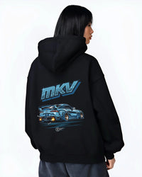 Black hoodie worn by a female model, back view, featuring Toyota AE86 racing drift jdm tuner initial d street classic graphic.