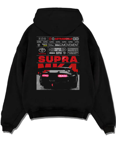 Black pullover hoodie laid flat on a white background, featuring Toyota MR2 turbo racing drift jdm tuner street classic graphic.
