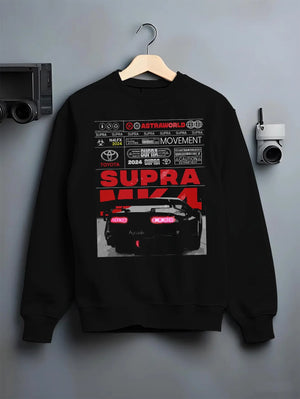Black crewneck sweatshirt on a hanger against a grey wall, featuring Toyota MR2 turbo racing drift jdm tuner street classic graphic.