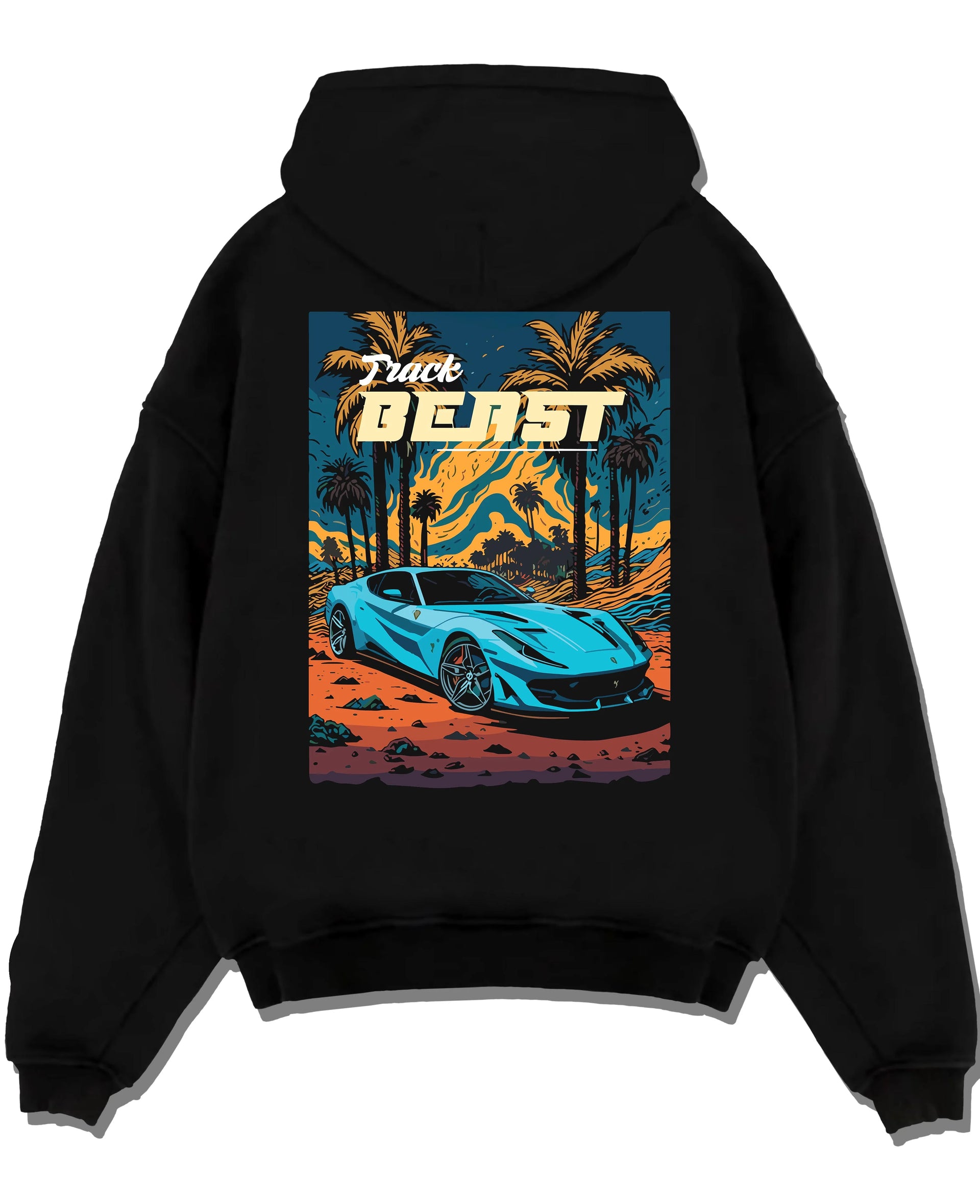 Black pullover hoodie laid flat on a white background, featuring rs racing track beast speed enthusiast street performance graphic.