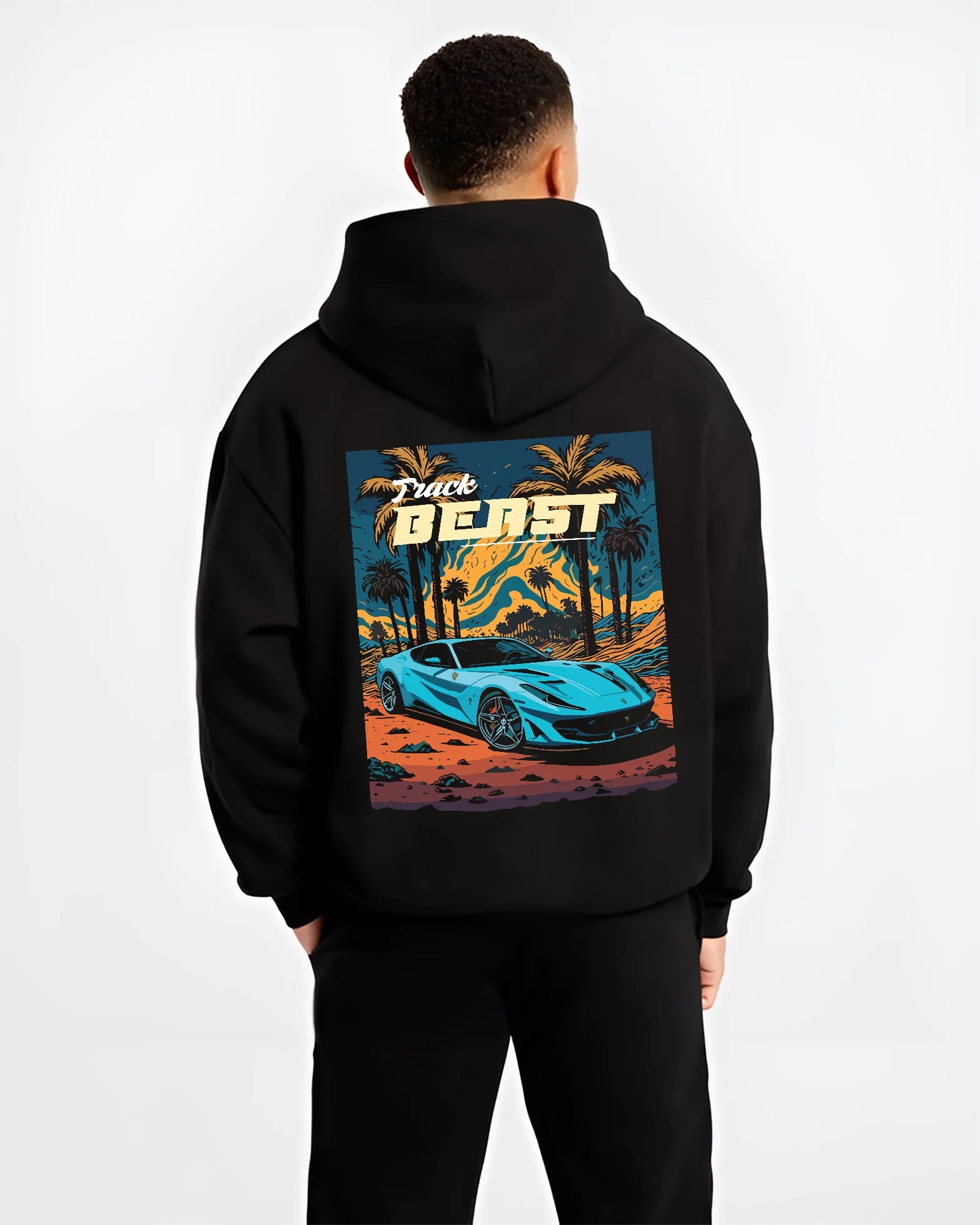 Black hoodie worn by a male model, back view, featuring rs racing track beast speed enthusiast street performance graphic.