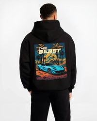 Black hoodie worn by a male model, back view, featuring rs racing track beast speed enthusiast street performance graphic.