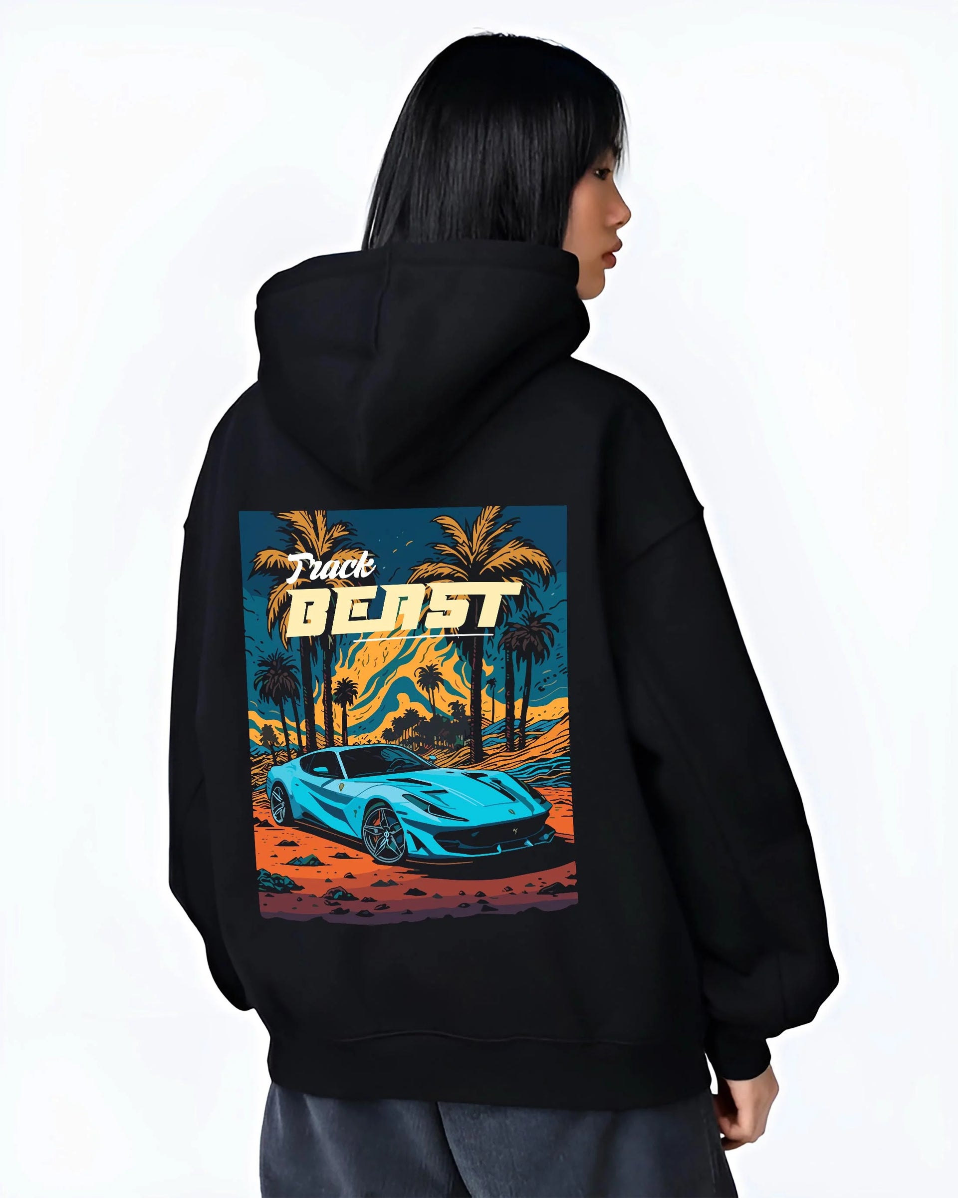 Black hoodie worn by a female model, back view, featuring rs racing track beast speed enthusiast street performance graphic.