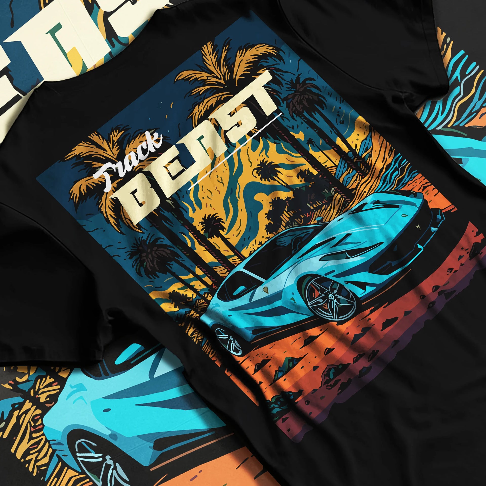 Black T-shirt laid flat with natural fabric folds, featuring rs racing track beast speed enthusiast street performance graphic.