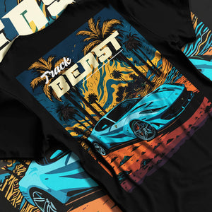 Black T-shirt laid flat with natural fabric folds, featuring rs racing track beast speed enthusiast street performance graphic.