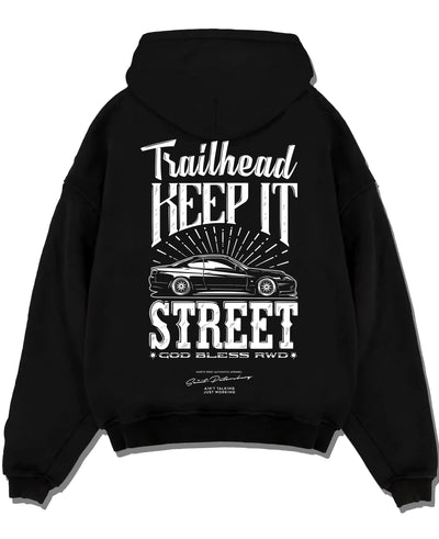Black pullover hoodie laid flat on a white background, featuring rs racing race street enthusiast performance motorsport graphic.