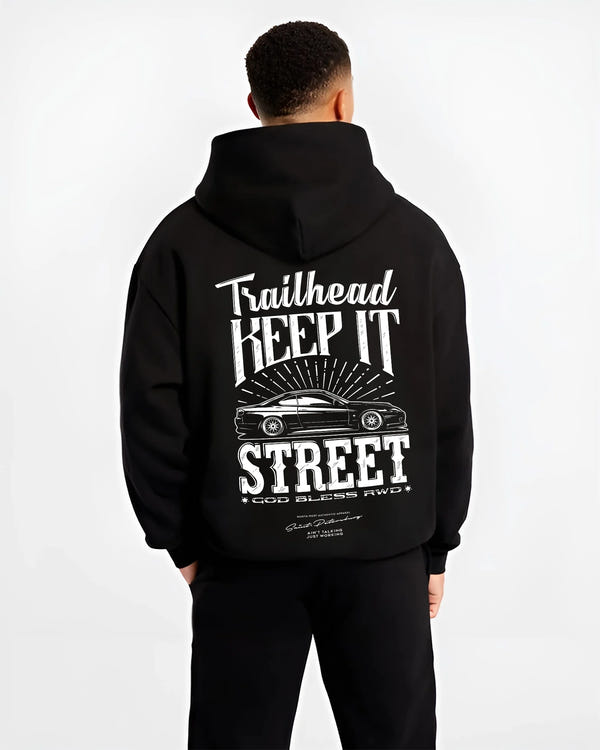 Black hoodie worn by a male model, back view, featuring rs racing race street enthusiast performance motorsport automotive graphic.