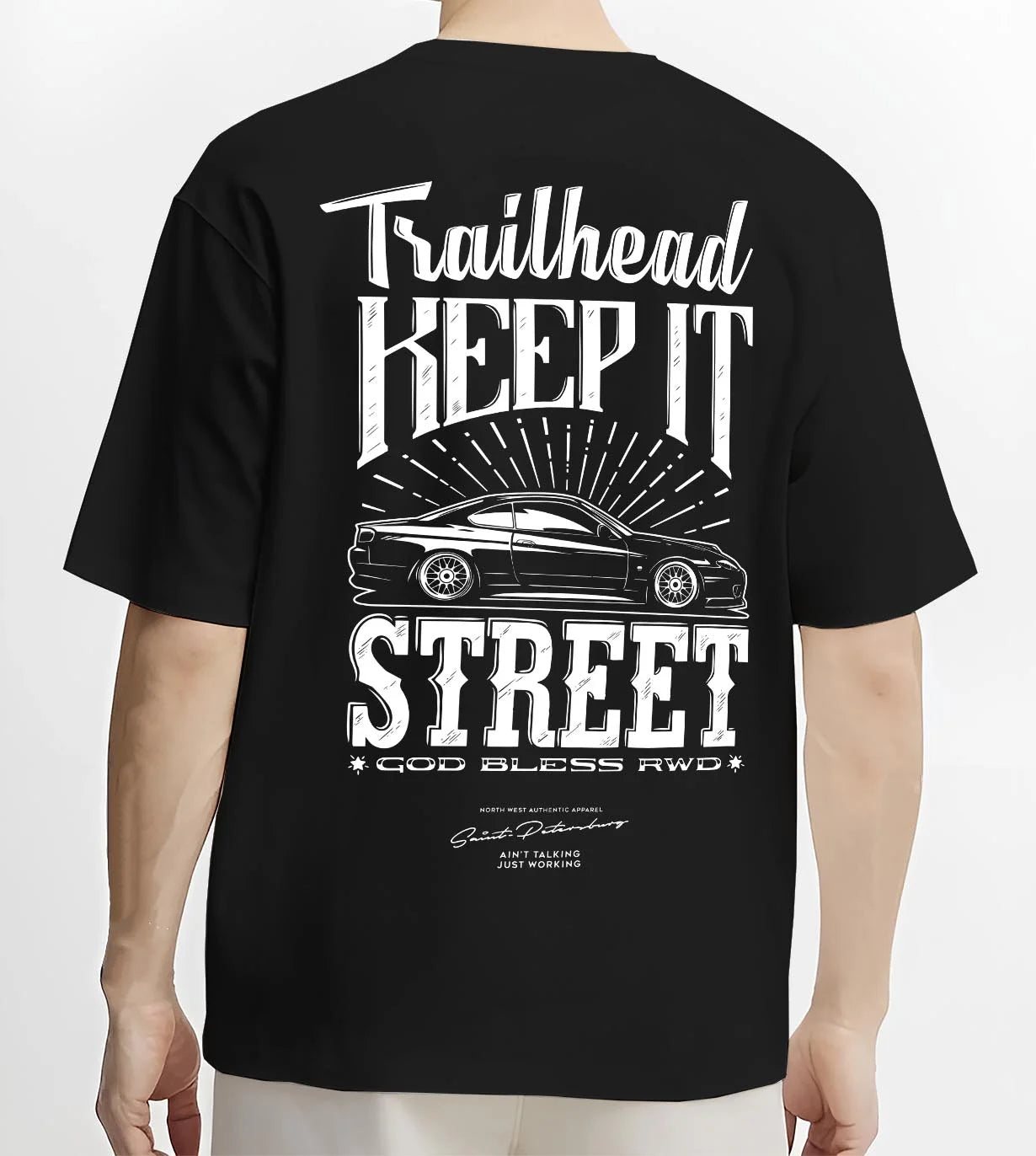 Black T-shirt worn by a male model, back view, featuring rs racing race street enthusiast performance motorsport automotive graphic.