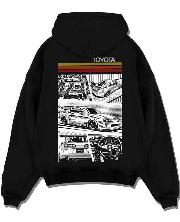 Black pullover hoodie laid flat on a white background, featuring Toyota Supra rs racing jdm tuner street vintage enthusiast graphic.