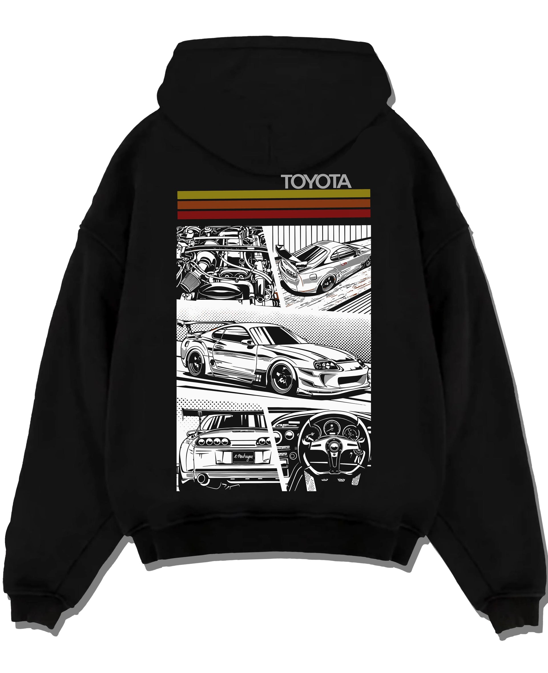 Black pullover hoodie laid flat on a white background, featuring Toyota Supra rs racing jdm tuner street vintage enthusiast graphic.