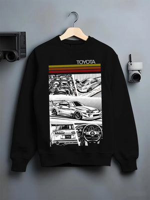 Black crewneck sweatshirt on a hanger against a grey wall, featuring Toyota Supra rs racing jdm tuner street vintage graphic.