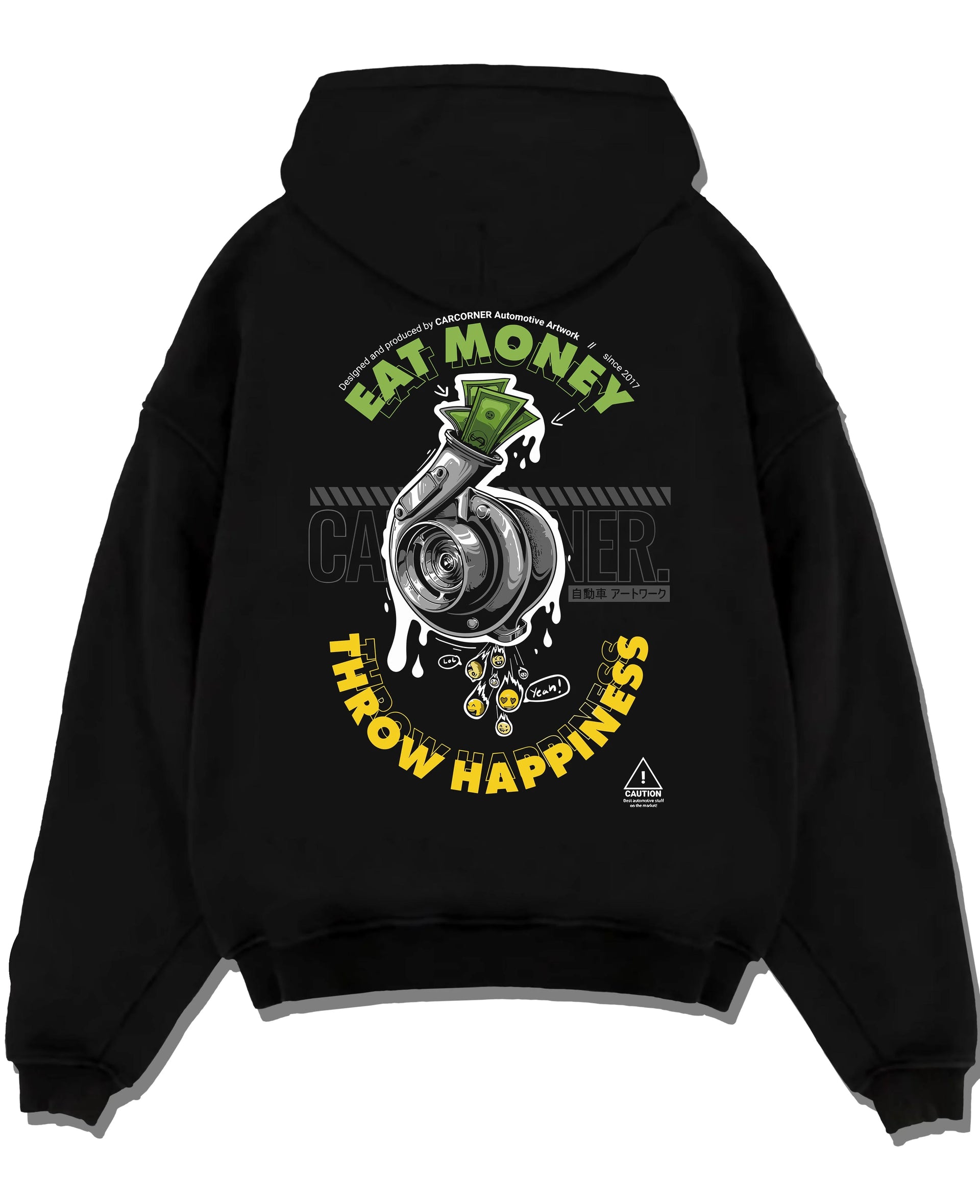 Black pullover hoodie laid flat on a white background, featuring turbo boost racing jdm tuning street performance graphic.