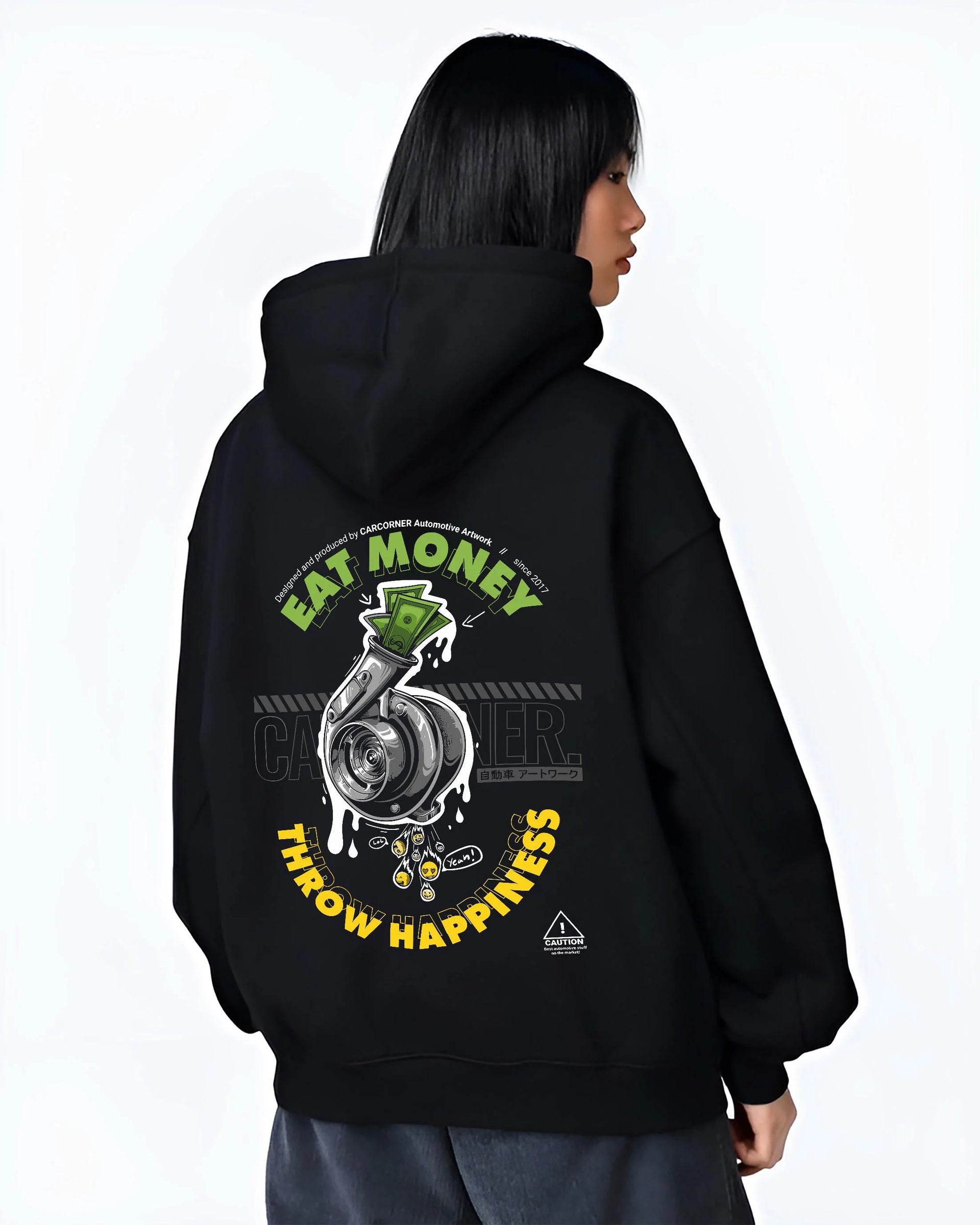 Black hoodie worn by a female model, back view, featuring turbo boost racing jdm tuning street performance motorsport graphic.