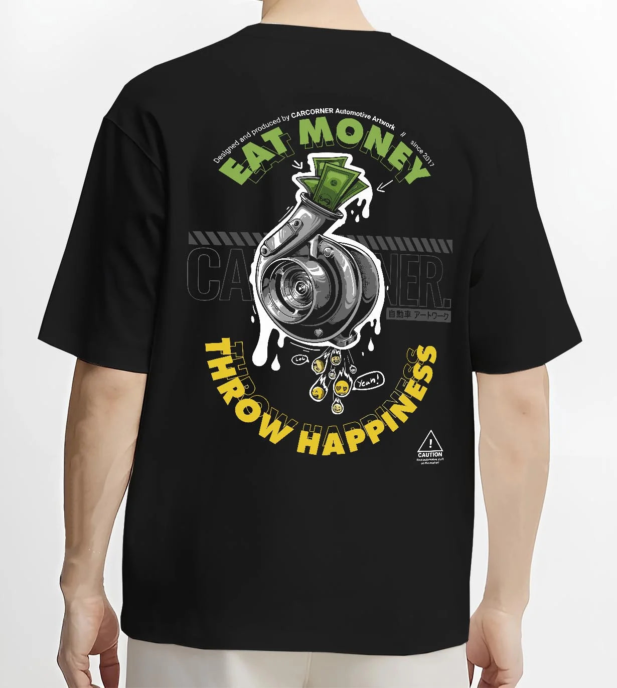 Black T-shirt worn by a male model, back view, featuring turbo boost racing jdm tuning street performance motorsport graphic.