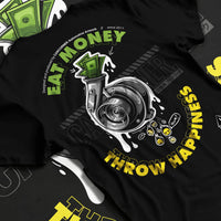 Black T-shirt laid flat with natural fabric folds, featuring turbo boost racing jdm tuning street performance motorsport graphic.