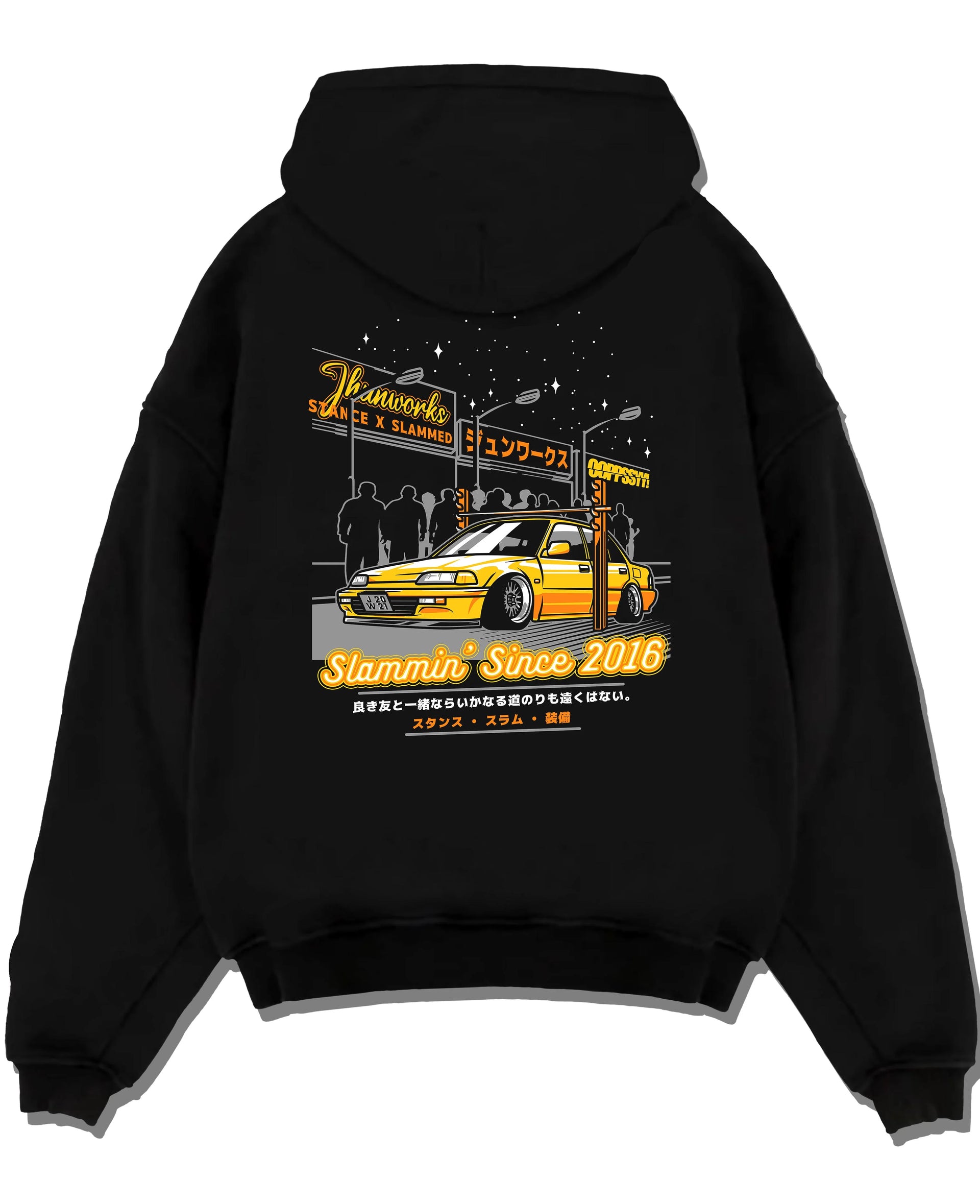 Black pullover hoodie laid flat on a white background, featuring Honda rs type r racing motorsport jdm street performance graphic.