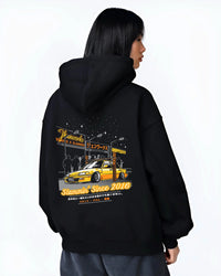 Black hoodie worn by a female model, back view, featuring Honda rs type r racing motorsport jdm street performance graphic.