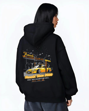 Black hoodie worn by a female model, back view, featuring Honda rs type r racing motorsport jdm street performance graphic.